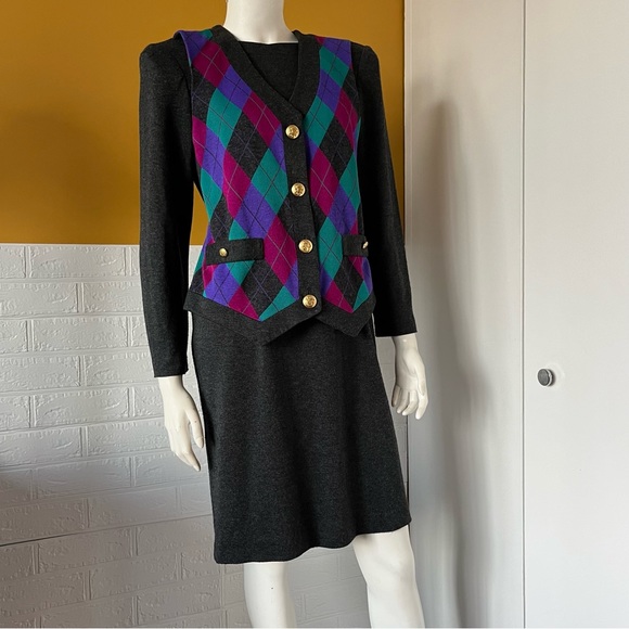 Vintage Leslie Fay Womens Sweater Vest Dress Size 8 Gray Purple Argyle Sz 8 - Picture 1 of 8